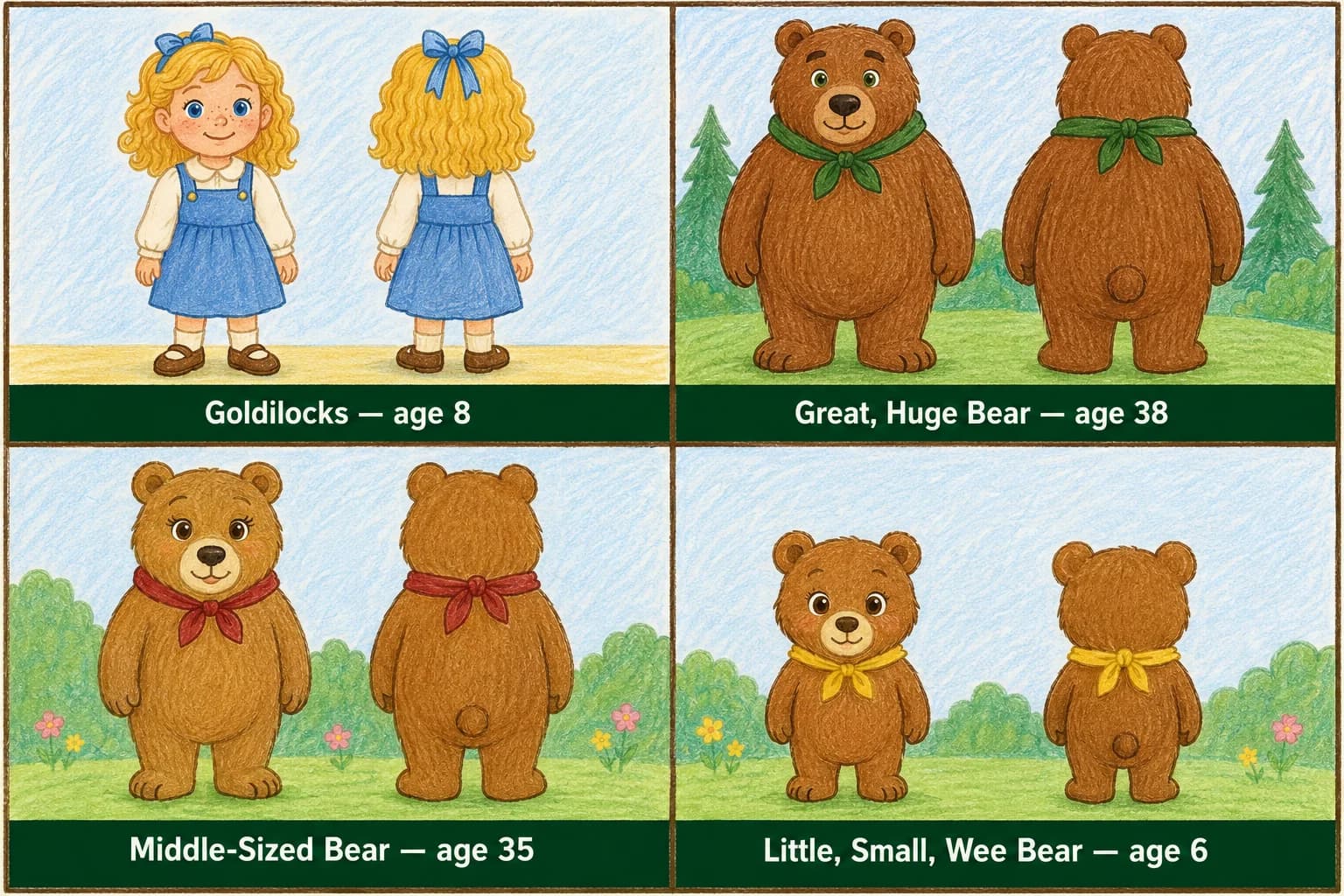 Character reference sheet showing the cast of Goldilocks and the Three Bears