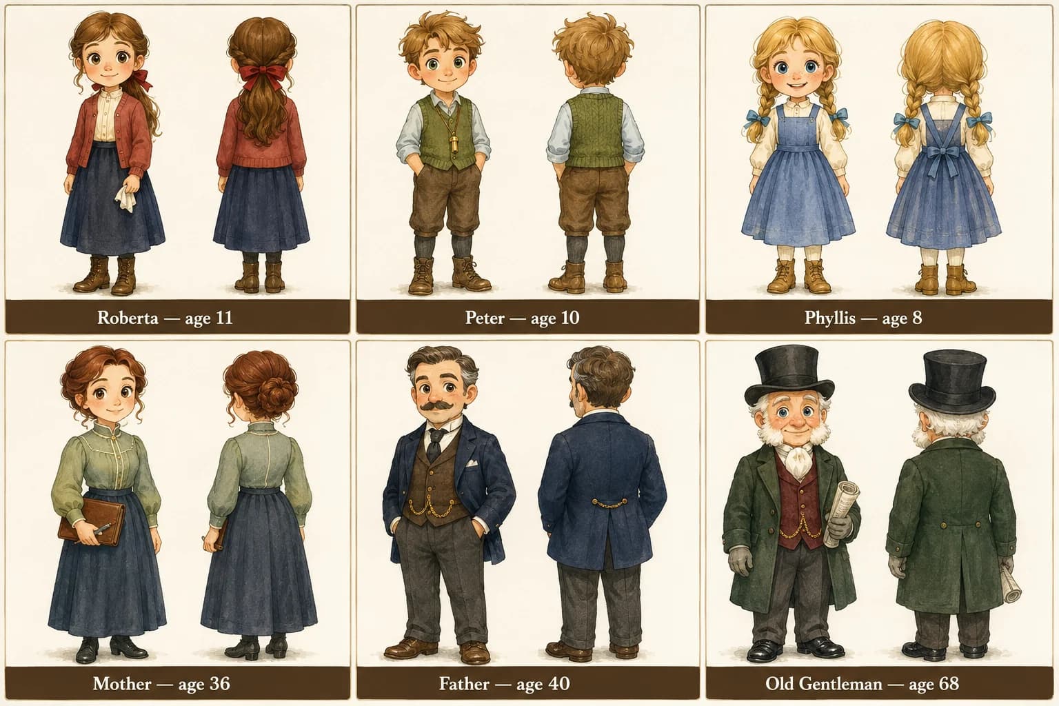 Character reference sheet showing the cast of The Railway Children