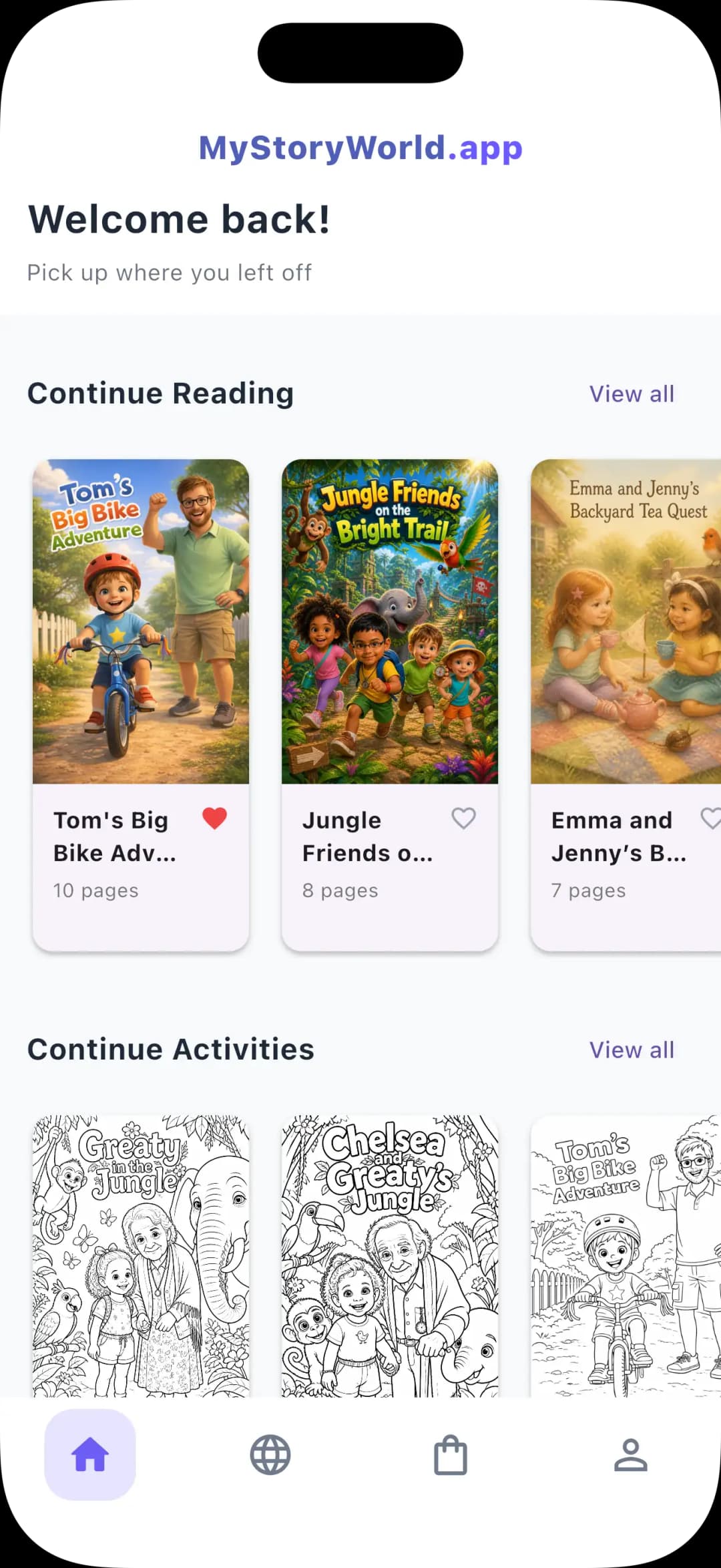 MyStoryWorld mobile app home screen on iPhone