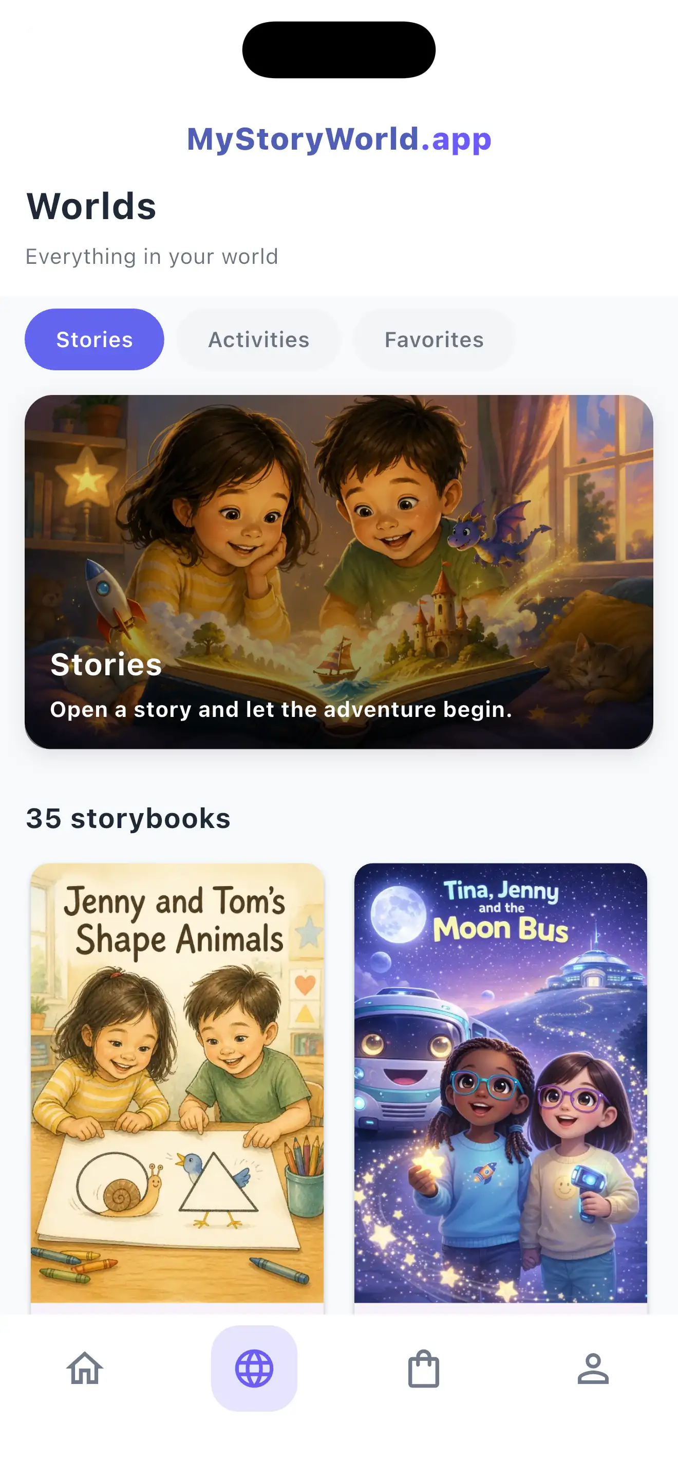 All their storybooks in one place. app screen