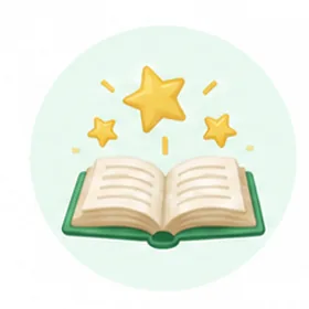 An open storybook surrounded by golden stars