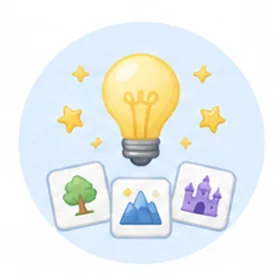 A glowing idea bulb above three illustrated story cards