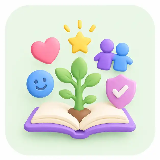 A book with symbols representing feelings, friendship, confidence and growth