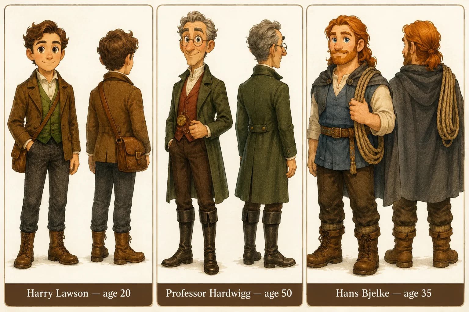 Character reference sheet showing the cast of A Journey to the Centre of the Earth