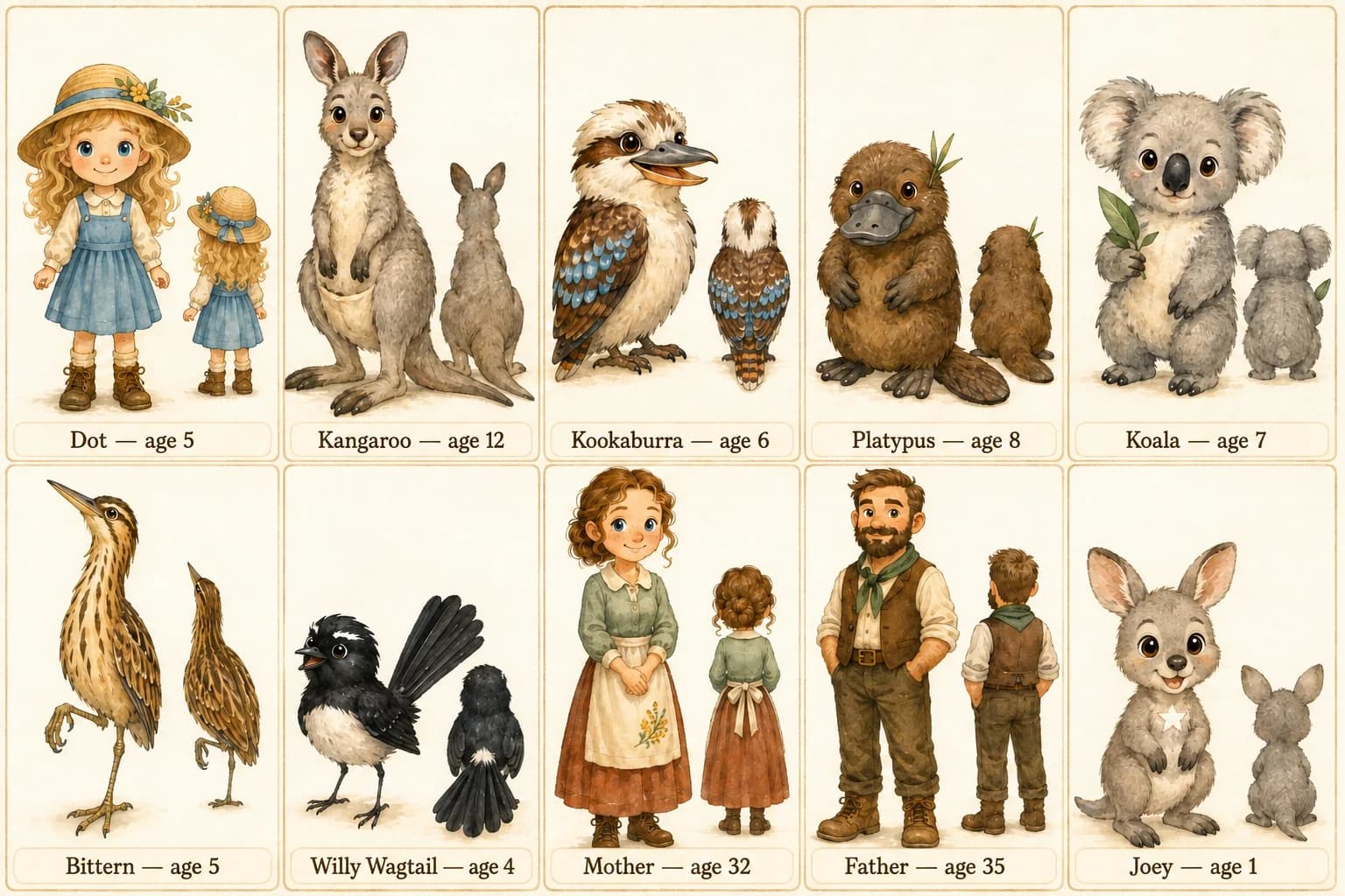 Character reference sheet showing the cast of Dot and the Kangaroo