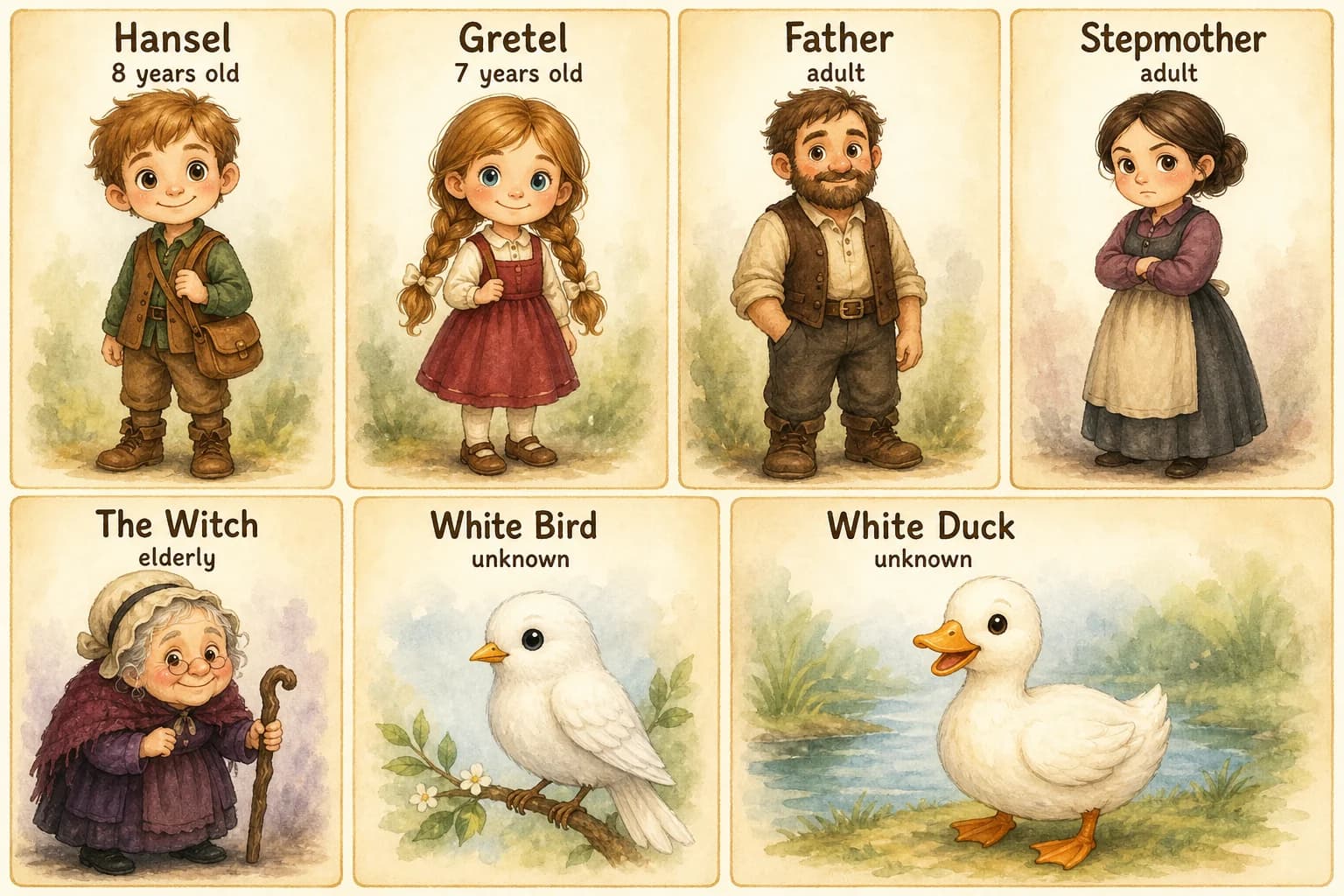 Character reference sheet showing the cast of Hansel and Gretel