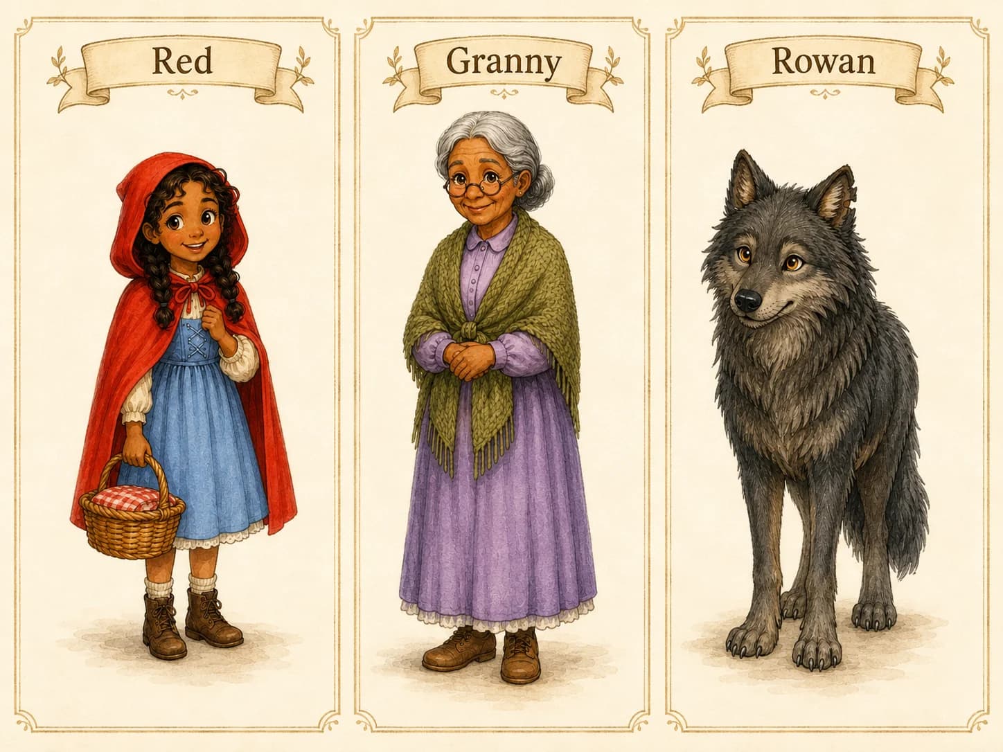 Character reference sheet showing the cast of Little Red Riding Hood