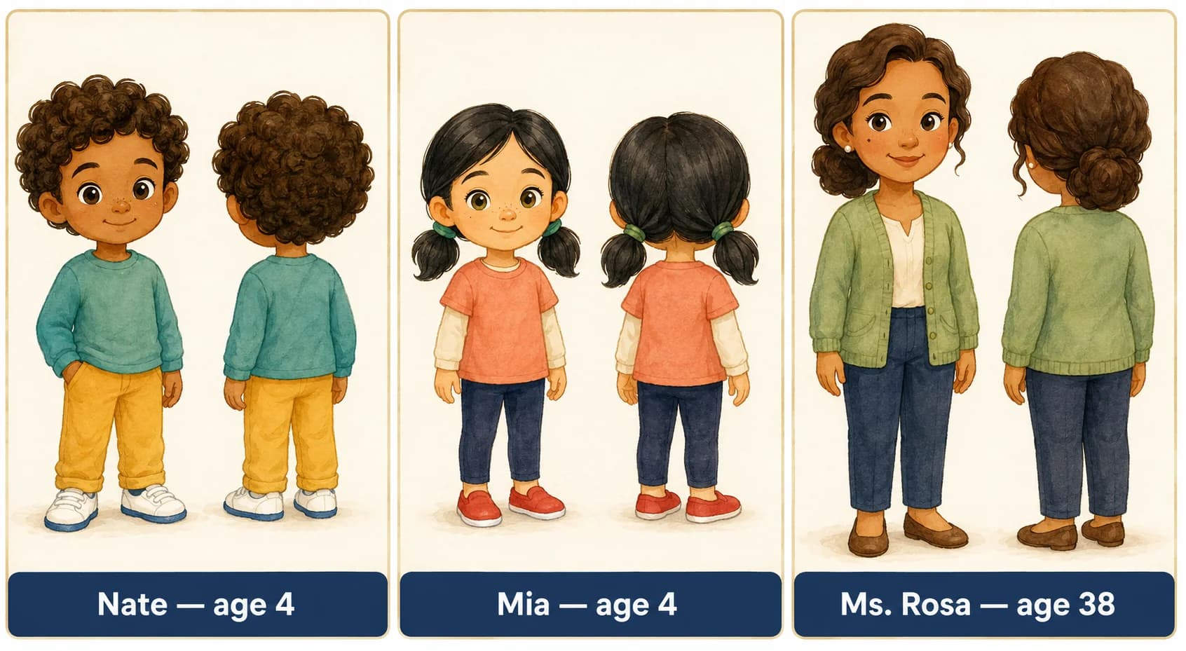 Character reference sheet showing the cast of Nate's Gentle Hands