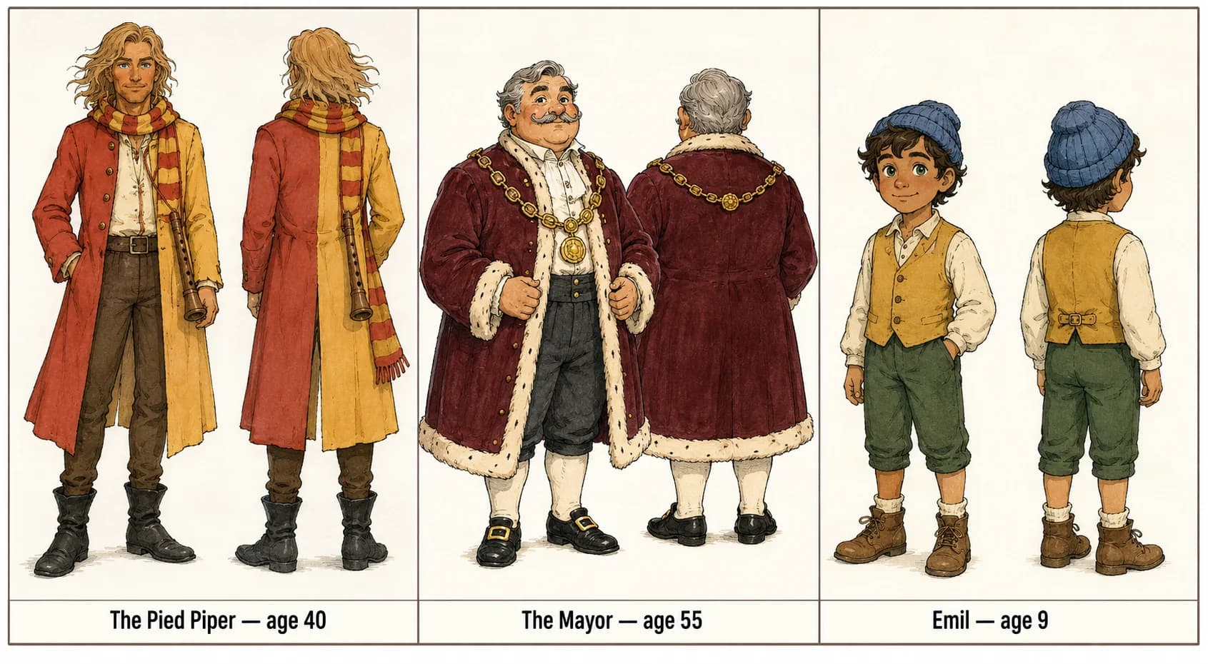 Character reference sheet showing the cast of The Pied Piper of Hamelin