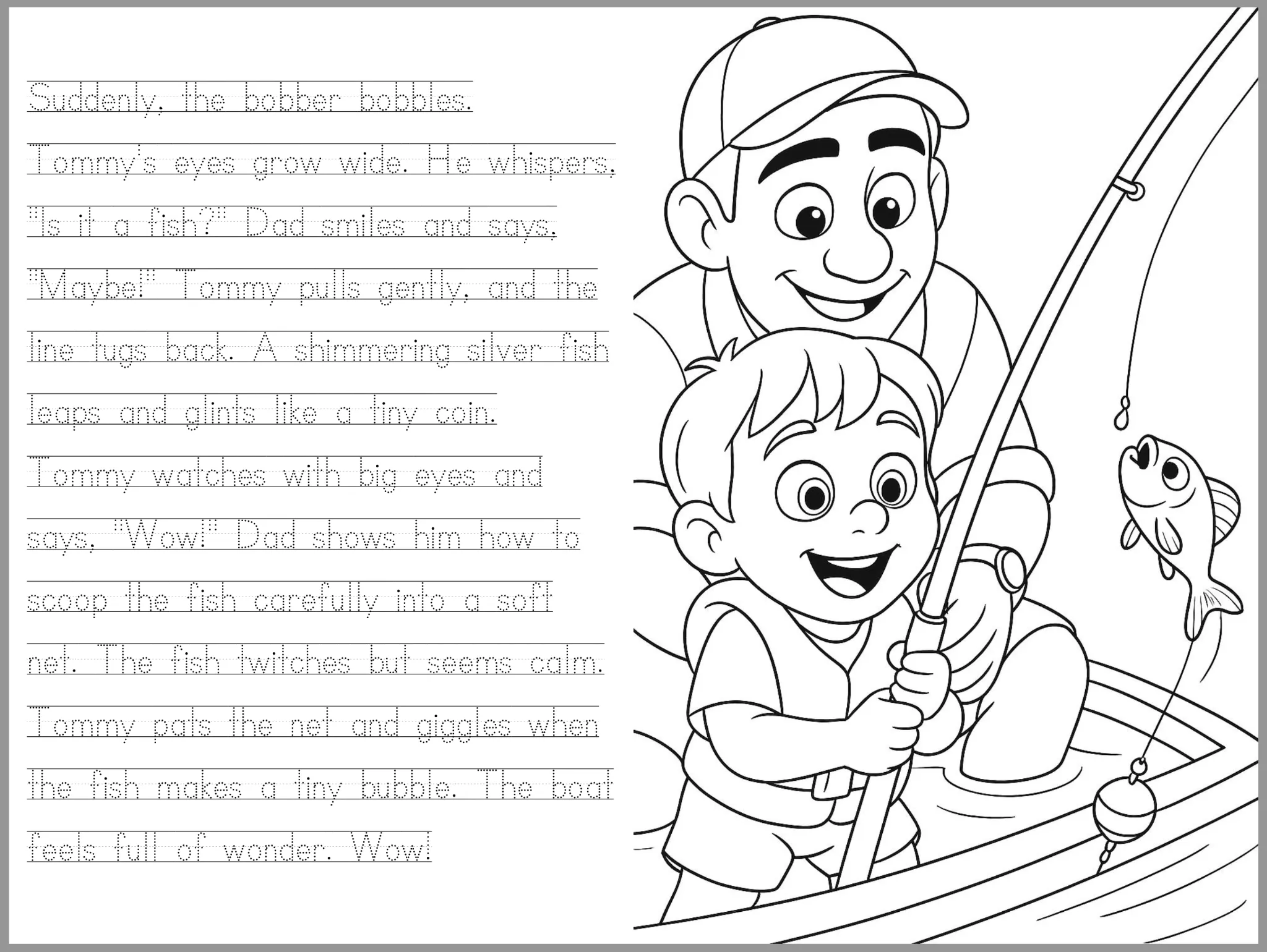 Printable PDF colouring page with outlines and handwriting lines
