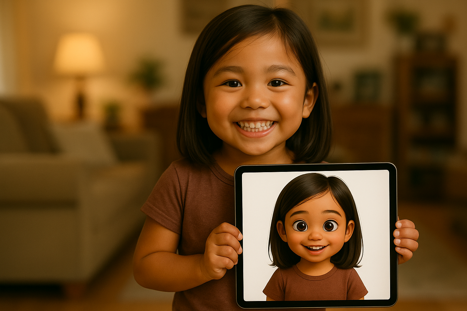 Child holding a StoryWeave book next to a tablet showing the digital version