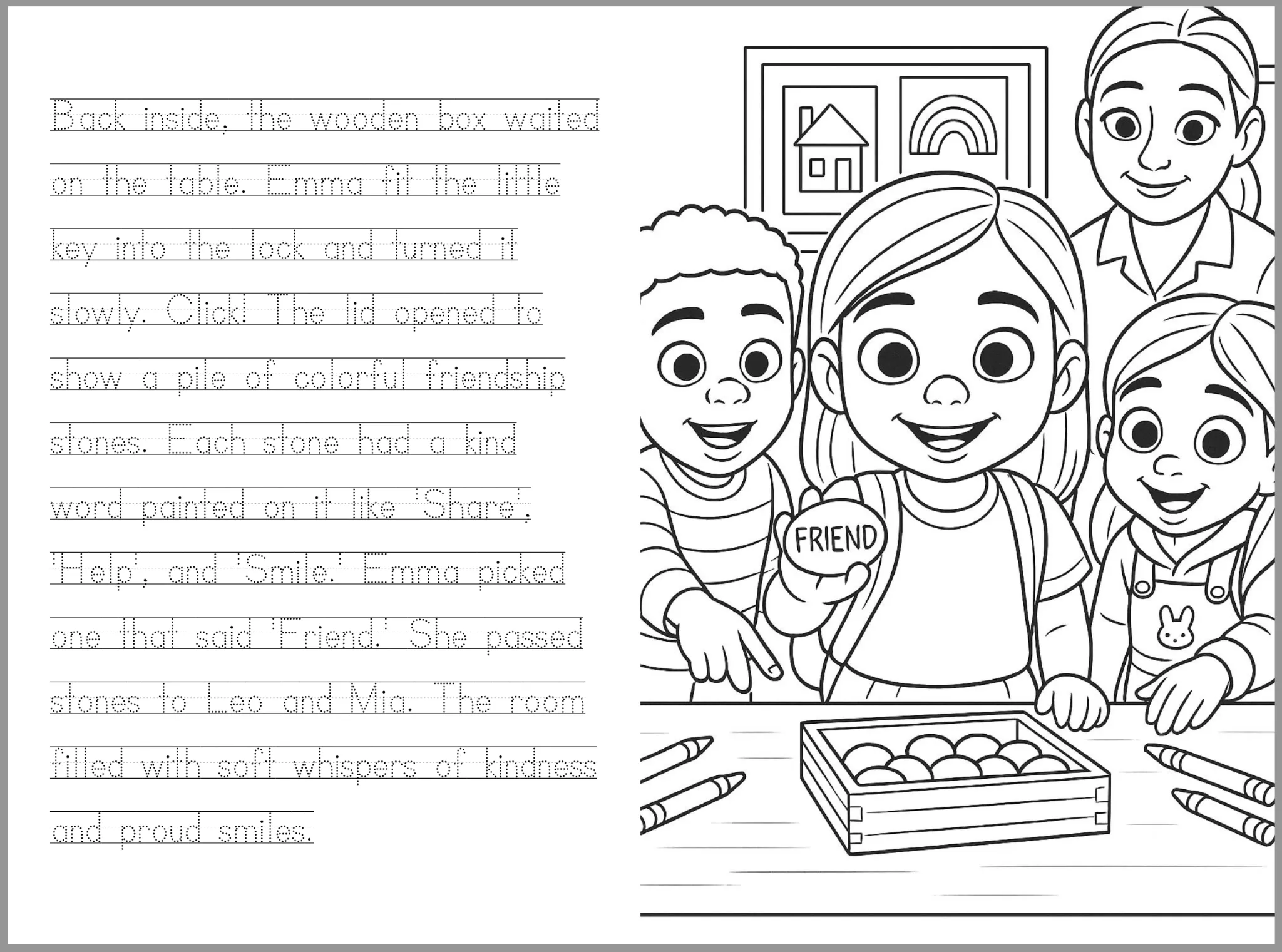 Sample printed colouring book pages with penmanship lines